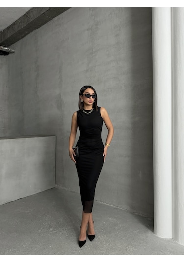 Kadın Tüllü Kolsuz Elbise Siyah