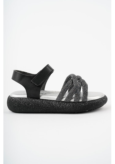 Muggo Jazz Garantili Günlük Ortopedik Hafif Taban Örgü Detaylı Cırtlı Kız Çocuk Sandalet Siyah
