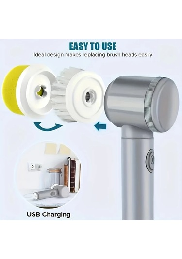 Fochsia Grey Wireless Elektrikli Döner Temizleyici Usb Şarjlı Taşınabilir Fırça Başlıkları Değiştirilebilir