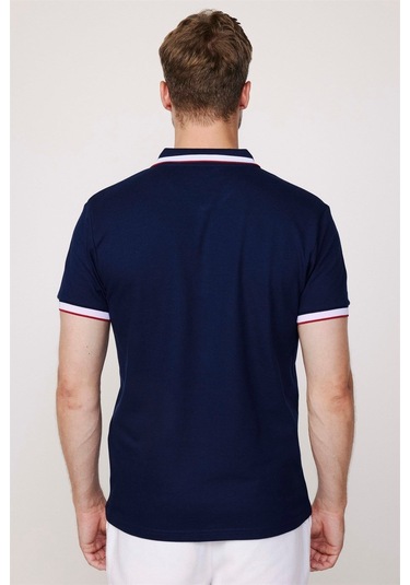 Erkek Slim Fit Dar Kesim %100 Pamuk Düz Pike Kol Şeritli Lacivert Polo Yaka Tişört-27689 Lacivert