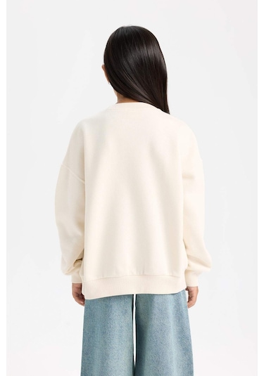 DeFacto Kız Çocuk Relax Fit Bisiklet Yaka Baskılı Sweatshirt D7046A824WNER99 Ekru
