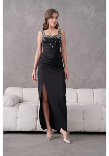 Dipmoda Kadın Taş Detaylı Askılı Uzun Abiye Elbise Dpnbs9367 Siyah