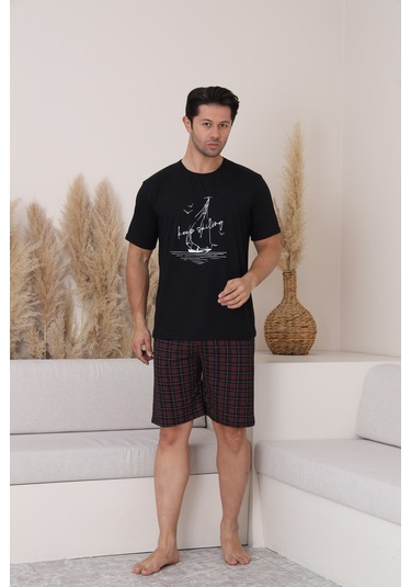 Sleeproom Erkek Rahat Pamuklu Yazlik Penye Siyah Alt Ekoseli Kaprili Pijama Takim Yeni Ürün Siyah