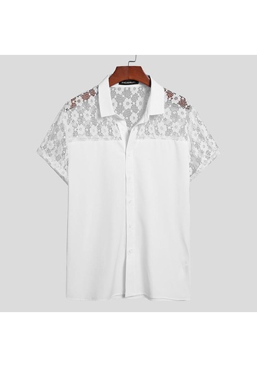 Incerun Erkek Dantel Patchwork T-shirt Yaz Kısa Kollu Düğmeler Aşağı Transparan Üstler Örgü Gömlek Erkek Giyim Beyaz