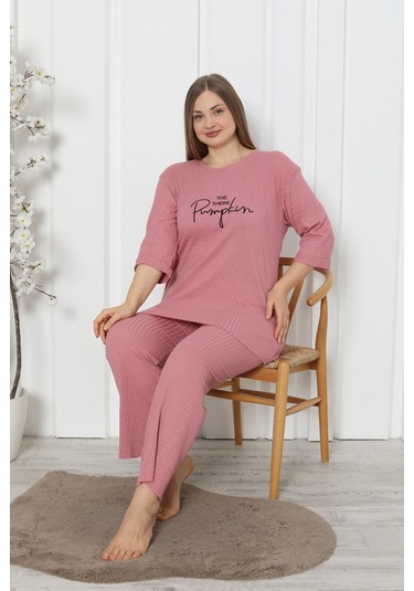 Fames Pijama Fitilli Kaşkorse Pamuklu Ispanyol Paça Yeni Sezon Büyük Beden Ev Giyim Pudra