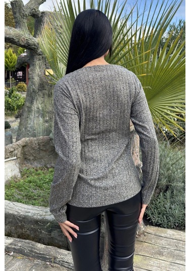 Haki & Antrasit Deri Kontrastlı V Yaka Kaşkorse Kazak Haki