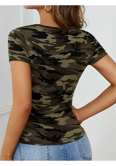 Kadın Kısa Kollu Bisiklet Yaka Dekolteli Süprem Bluz Yeşil