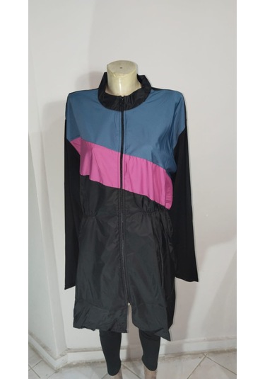 Paraşüt Kumaş Tam Fermuarlı Tek Parça Tesettür Mayo Gri - Pembe