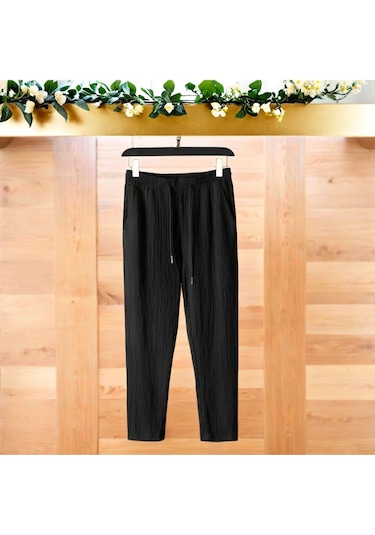 Unisex Kadın/erkek Özel Bürümcük Krinkıl Kumaş Yazlık Likralı Kısa Kol Tişört Eşofman Elbise Takım Siyah - Siyah