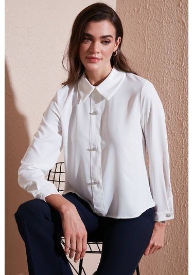 Lela Taşlı Regular Fit Gömlek Yaka Fermuarlı Bayan Bluz 611Bz0493 Ekru