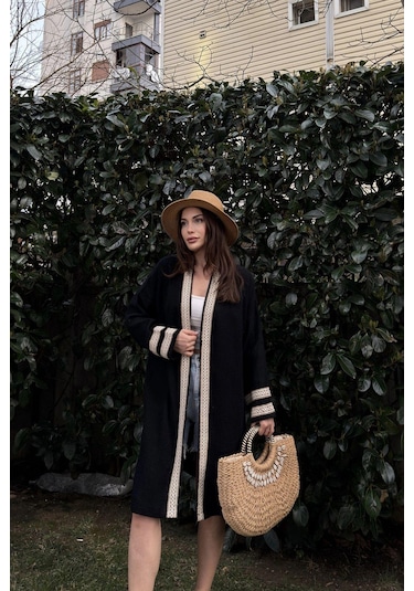 Kadın Siyah Müslin Kumaş, Hasır Şerit Detaylı Salaş Kimono Ceket Siyah