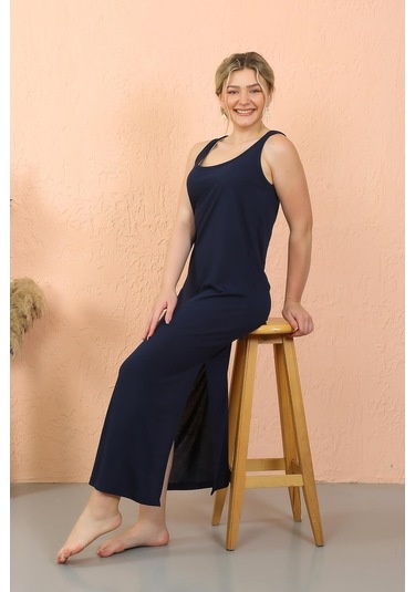 Akbeniz Kadın Kalın Askılı Yırtmaçlı Uzun Lacivert Gecelik 90110-lacivert Lacivert