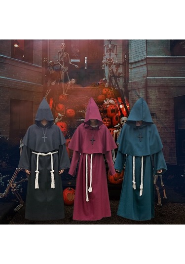 Pazly Cadılar Bayramı Rahip Kostümü Kapşonlu Koyu Yeşil Çapraz Kolyeli