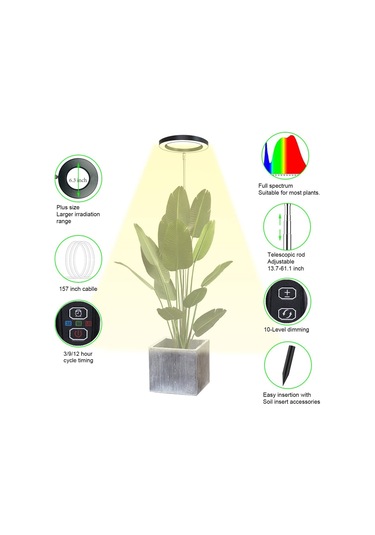 Konesam 72 Led Tam Spektrum Bitki Büyüme Lambası, Toprak Takılı Dikey Tip, 3/9/12 Saat Zamanlayıcı, 10 Seviye Parlaklık Ayarlamalı, 160mm Beyaz Işık Adaptörsüz Diğer