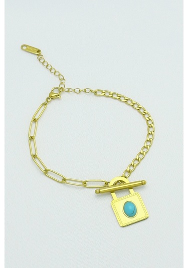 Altın Kaplama Seri Kararmaz Turkuaz Taşlı Kilit Çelik Bilek Gold Altın