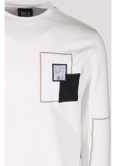 Erkek Sweatshirt Beyaz Bisiklet Yaka Relax Fit Nakış Detaylı Double Face Pamuk Sweat Ncs Jeans 1618-beyaz Beyaz