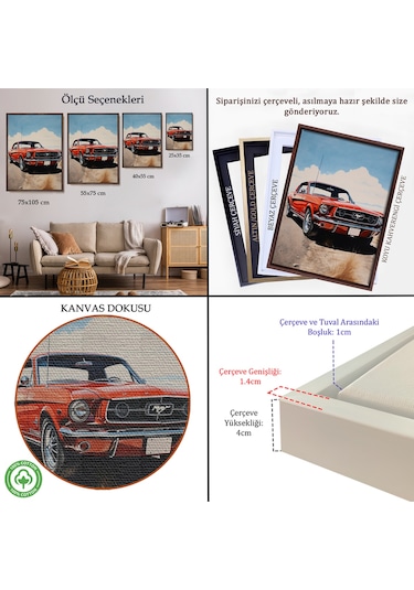 Ahşap Çerçeveli Kırmızı Mustang Tablo-7971