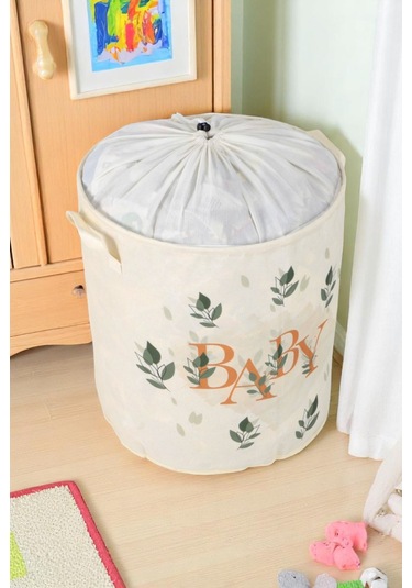 İronika Baby Büzgülü Sepet Oyuncak Çamaşır Havlu Sepeti Yuvarlak Temiz Kirli Çamaşır Sepeti Beyaz