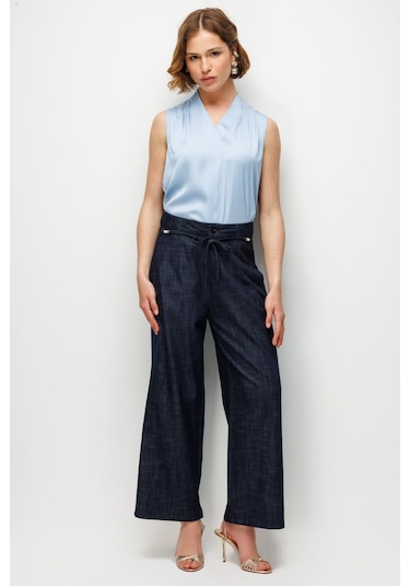 Ekol Kadın Beli Süs Kemerli Bol Paça Pantolon 4934 Indigo