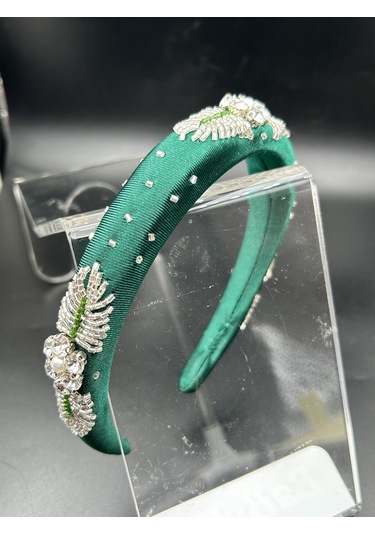 Tasarım El Yapımı El İşlemeli Yeşil Saten Gümüş Nakış İşleme Abiye Kına Nişan Saç Aksesuarı Taç Yeşil