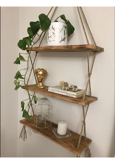Ahşap Dekoratif Tasarım 3'lü Halatlı Raf Hazır Kurulu 39cm 9cm Kahverengi