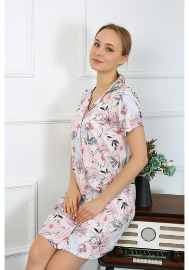 Akbeniz Kadın Penye Kısa Kol Düğmeli Somon Tunik Gecelik 13104-somon Somon