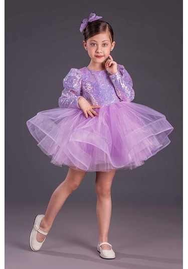 Uzun Kol Balerin Elbise Tütü Etek Pul Payetli Lila