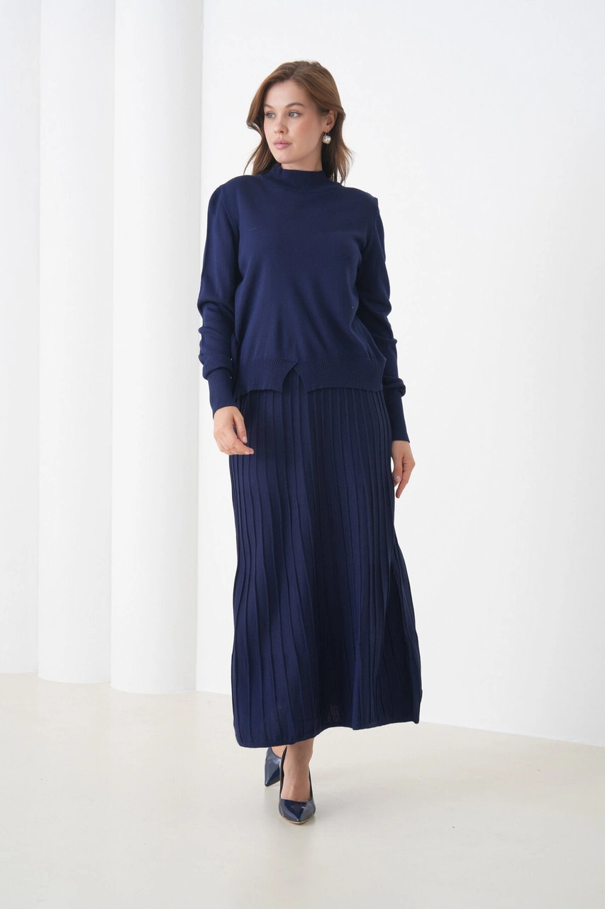 Kadın Pileli Etek Kazağı V Tasarım Tesettüre Uygun Örgü Triko Etek Kazak Takım Lacivert