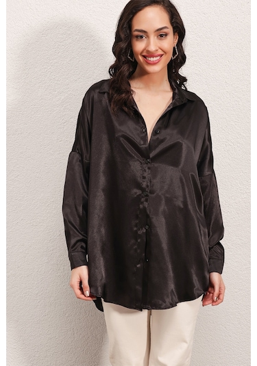 Bigdart 3985 Oversize Saten Gömlek - Siyah 001