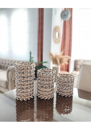 Egindra Trendev Metal Tel Hasır Örgülü Dekoratif Vazo 3Lü Set 15-25-30 Cm