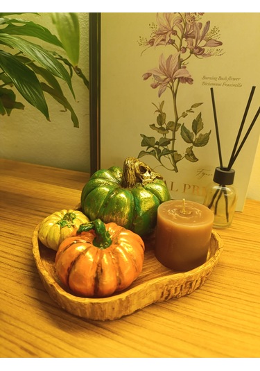 Kabak Figürlü Dekor Seti Doğal Masa Süsleri-kabak & Mum Seti-biblo Dekoratif Tepsili Set B Boy Yeşil Tepsili Set