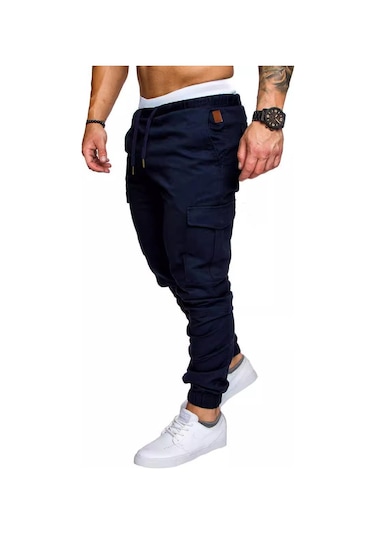 Erkek İlkbahar Ve Sonbahar Uzun Pantolon Moda Günlük İpli Elastik Pantolon Düz Renk Cepli Pantolon Lacivert