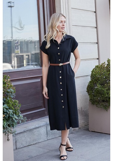 Kadın Twill Modal Yakalı Düşük Omuzlu Duble Kol Midi Boy Diz Altı Elbise Deri Kemer Dahil -siyah Siyah