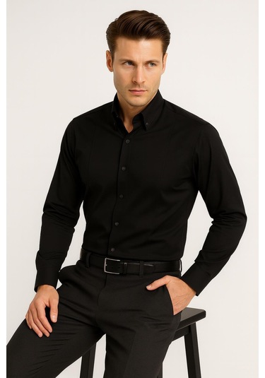 Gk 691 Slim Fit Siyah Klasik Gömlek Siyah