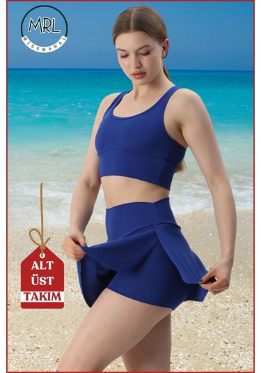 Kadın Alt-üst Takım Şort & Sabit Pedli Üst Crop Denizde Havuzda Sporda Swimsuit Mavi Takım3107 Mavi