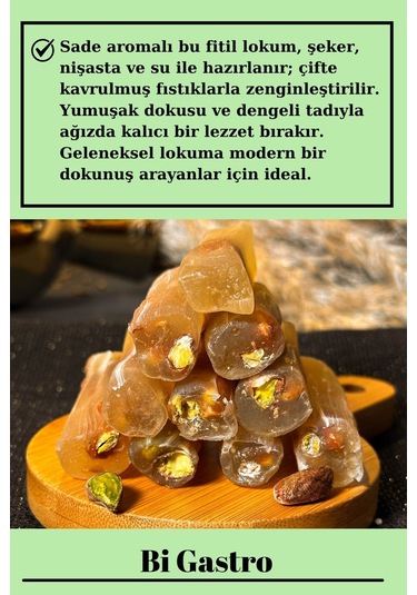 Sade Fıstıklı Çifte Kavrulmuş Fitil Lokum - Türk Lokumu - 400 Gr
