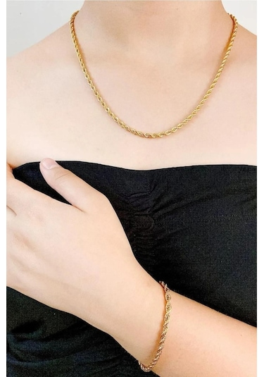 1. Sınıf Unisex Burgu Çelik Kolye Ve Bileklik Set 2,5 Mm Altın