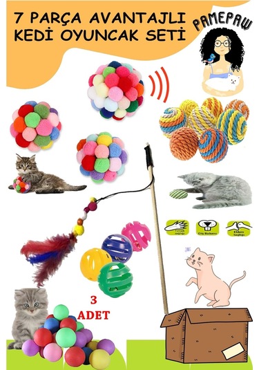 'li Set : Kedi Nanesi Kokulu Ponpon Top , Sarma Top , Olta , 3'lü Mini Top , Çıngıraklı Top