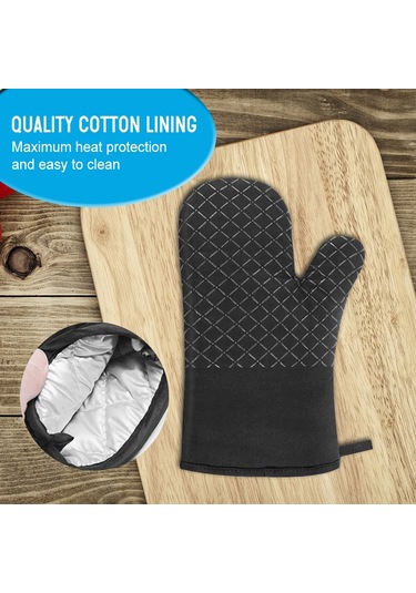 Geeksen 30 Cm Siyah Silikon Izgara Eldiveni Ve 2 Adet Isı Koruyucu Tutucu, Pamuk + Silikon Malzeme, 4'lü Set Çok Renkli
