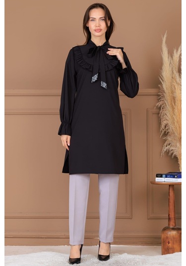 Asel Tunik Pantolon İkili Tesettür Takım Siyah Siyah