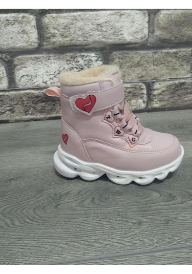 İçi Kürklü Kaydırmaz Kauçuk Taban Su Geçirmez Işıklı Çocuk Botu Pudra