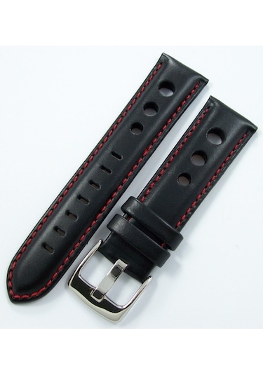 Bizon Siyah Deri Saat Kordonu 24Mm Kırmızı Dikişli Delikli Kayışı