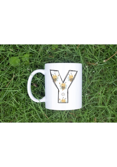 Y Harfi Arı Desenli Kupa - Sevimli Hayvan Temalı Kişiye Özel Kahve Kupası - Şans Kupası Beyaz