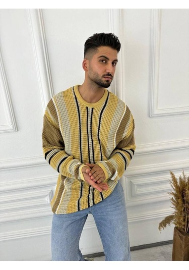 Kazak Oversize Renkli Örgü Desenli Naturel Pamuk Bol Kesim Salaş Triko Kazak Taba