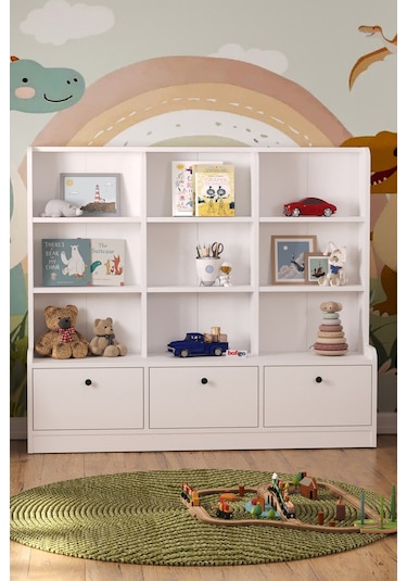 Bofigo 3 Kapaklı 9 Raflı Dolap Kitaplık Çok Amaçlı Dolap Oyuncak Dolabı Demet Beyaz Beyaz