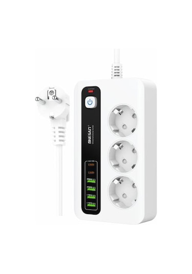 Akım Korumalı 4 Usb'li Ve 3 Type-c Li 3'lü Grup Priz 2 M Uzatma Kablosu Beyaz 1.5 M