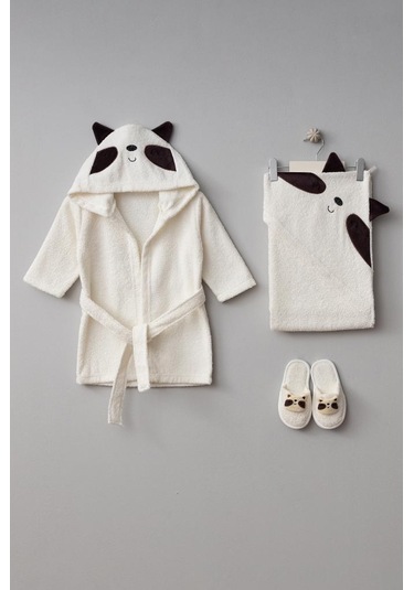 Bebitof %100 Pamuk Rakun Desenli Kutulu Bebek Bornoz Seti Bbtf.ekr.30048 Ekru