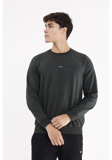 Rowinger Minimal Göğüs İşlemeli Rahat Kalıp Esnek Manşetli Mevsimlik Bisiklet Yaka Sweatshirt Haki