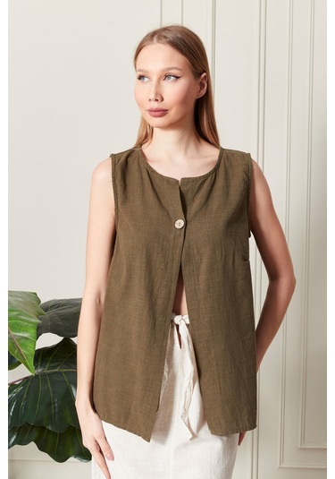 Keten Şık Farklı Tarz Nevin Bluz - Modern Ve Zarif Tasarım Haki