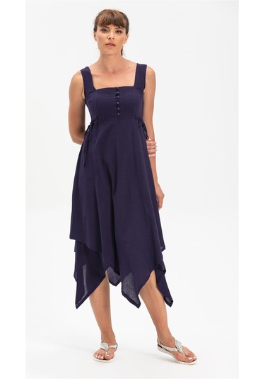 Kolsuz Şile Bezi Üçgen Katlı Midi Boy Elbise Mor Mor